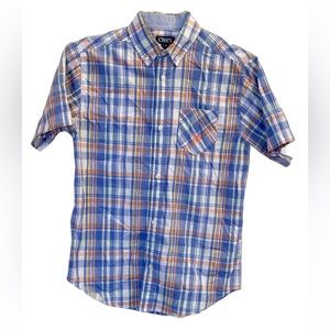 Chaps boys short sleeve plaid button up dress shirt, L.